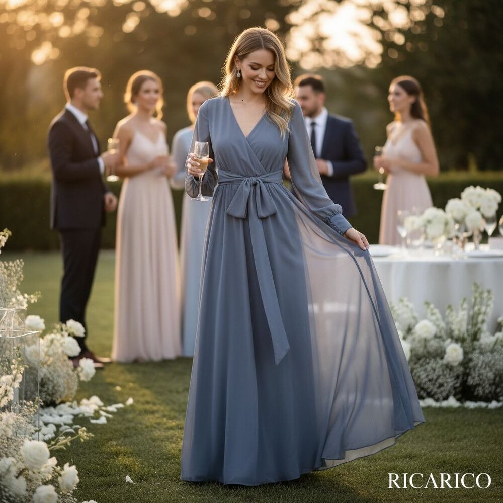 Ricarica Long Sleeve Formal Dress Faux Wrap Front & Waist Tie Flowy Skirt Slate